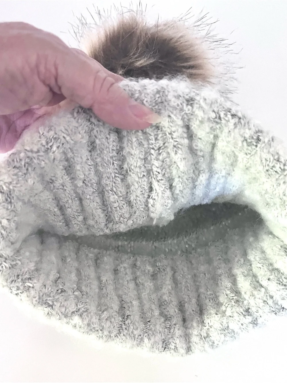D&Y Light Gray Knit Beanie with Faux Fur Pom